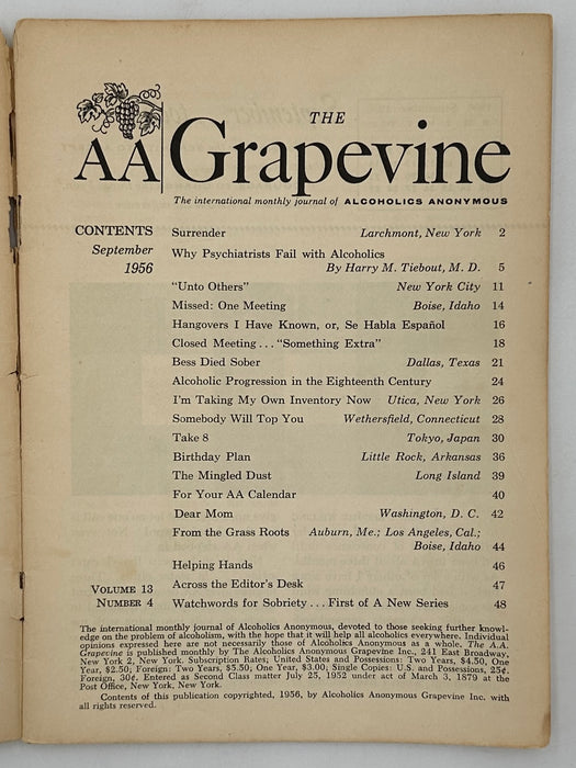 AA Grapevine from September 1956 - Why Psychiatrist Fail With Alcoholics by Harry Tiebout