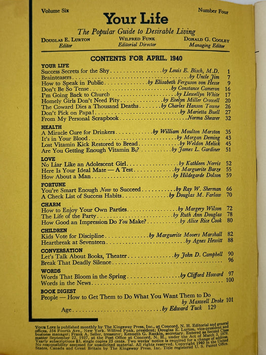 Your Life: The Popular Guide to Desirable Living — April 1940 Featuring “A Miracle Cure for Drinkers” by William Moulton Marston