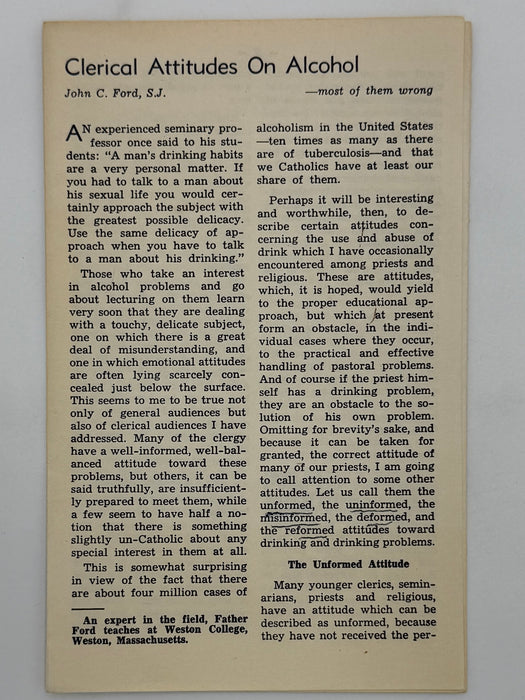 Clerical Attitudes On Alcohol —most of them wrong by John C. Ford, S.J.