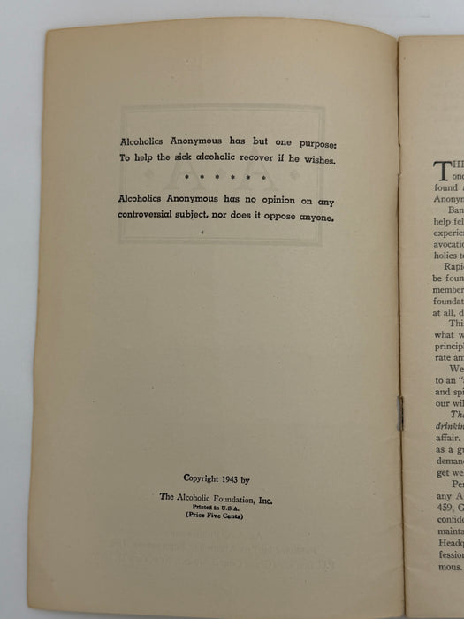 Alcoholics Anonymous 1943 Big Book Promotional Pamphlet
