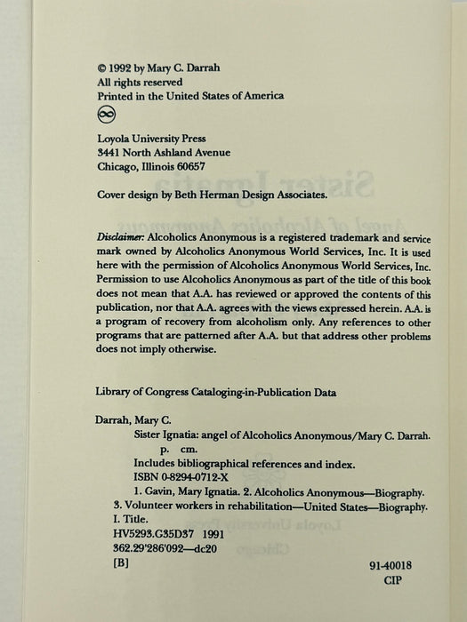 SIGNED by the author Mary C. Darrah - Sister Ignatia: Angel of Alcoholics Anonymous