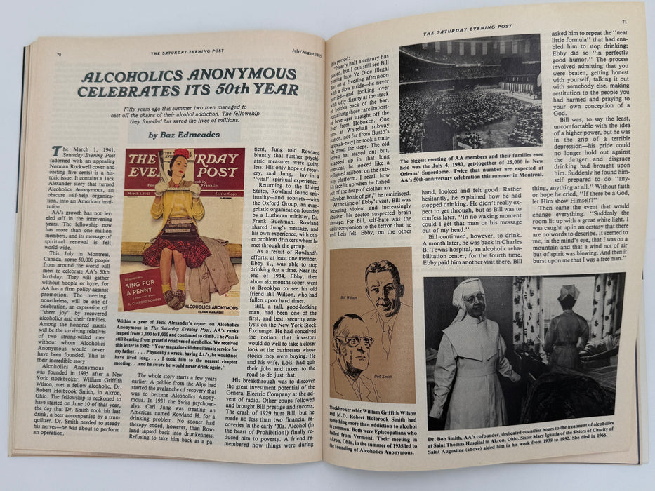 Saturday Evening Post — August 1985 Featuring “Alcoholics Anonymous Celebrates Its 50th Year” by Baz Edwards