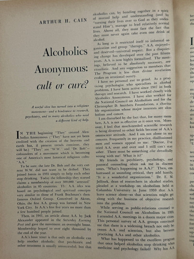 Harper’s Magazine — February 1963  Featuring “Alcoholics Anonymous: Cult or Cure?” by Arthur H. Cain