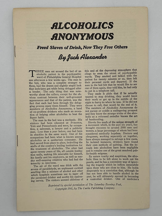 Alcoholics Anonymous: Freed Slaves of Drink, Now They Free Others by Jack Alexander - Pamphlet