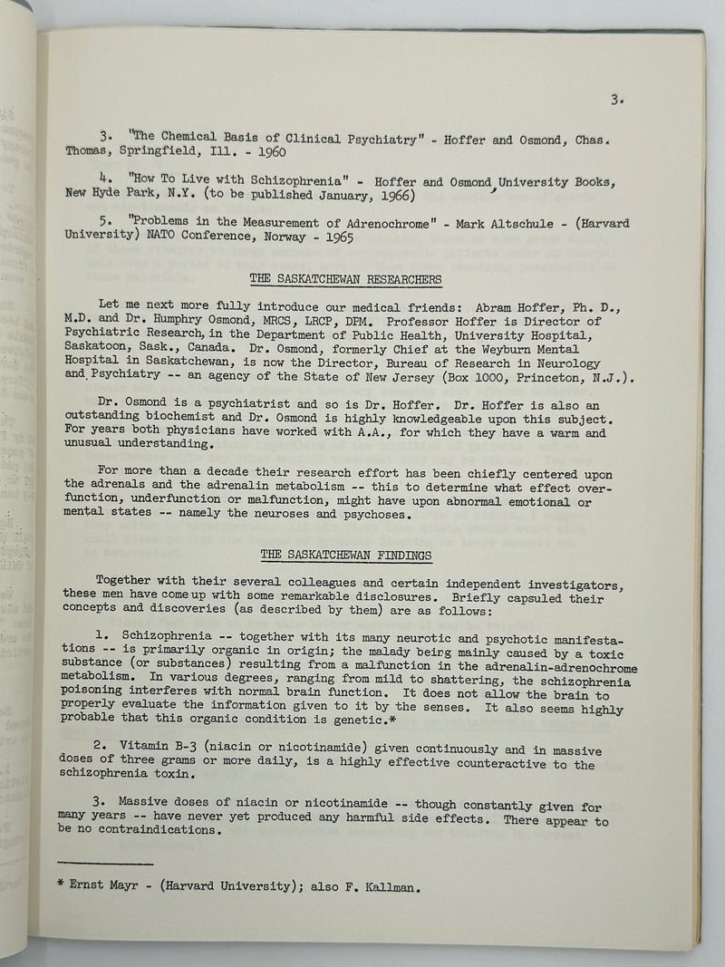 The Vitamin B-3 Therapy Communications - Signed by Bill W. & Dr. Abram Hoffer