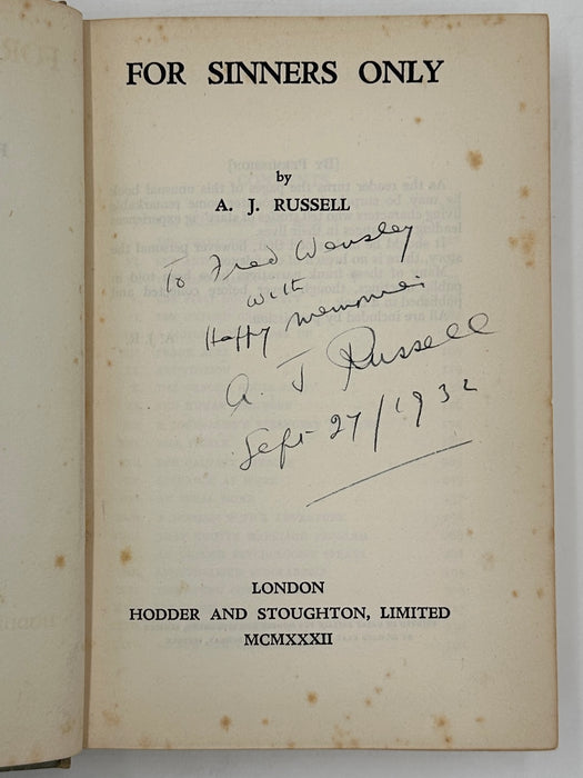 Signed by A.J. Russell - First Printing of For Sinners Only and Handwritten Letter West Coast Collection