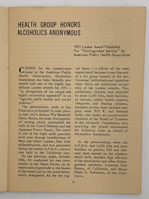 AA Grapevine from December 1951 - Lasker Award