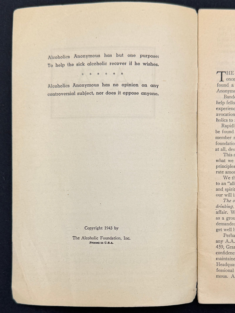 Alcoholics Anonymous Rare 1943 Promo Pamphlet Alcoholic Foundation