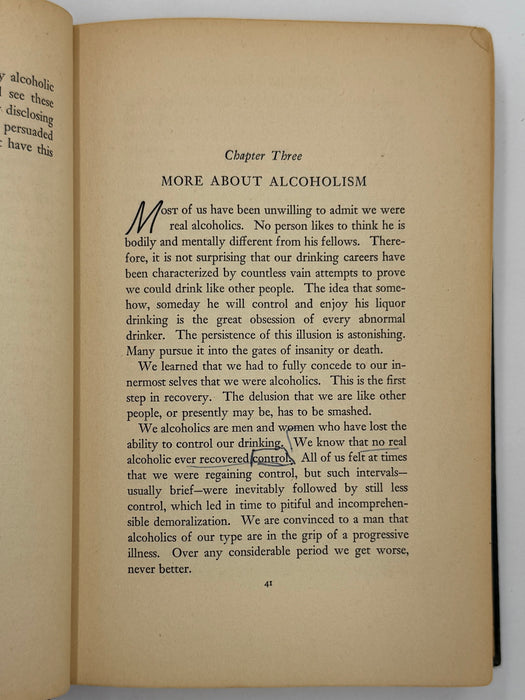 Alcoholics Anonymous Big Book First Edition 4th Printing from 1943 - Green Cover - Original dust jacket