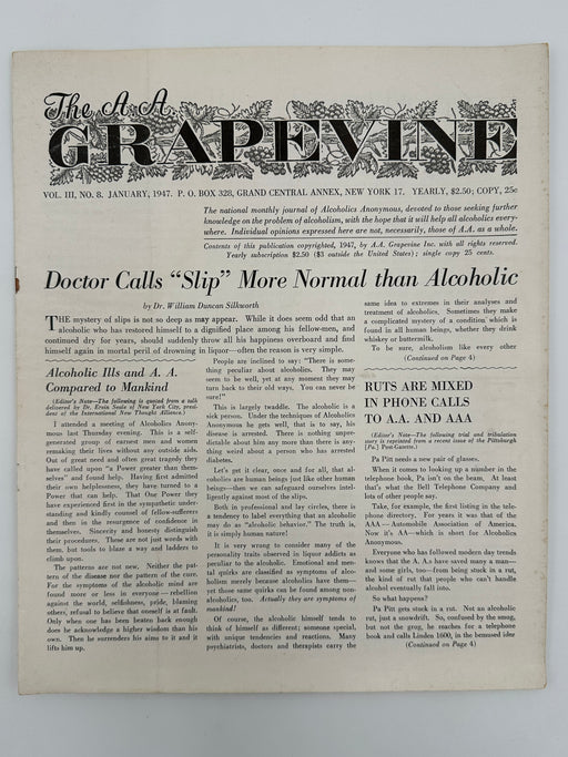 The AA GRAPEVINE from January 1947 Recovery Collectibles