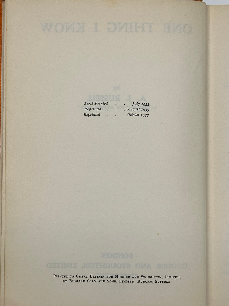 One Thing I Know by A.J. Russell - Third Printing 1933 Recovery Collectibles