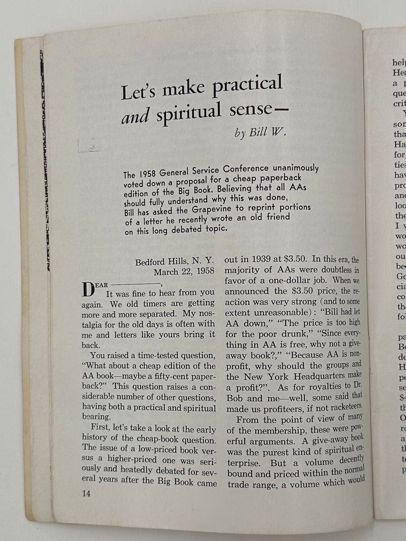 AA Grapevine from August 1958 - Let’s Make Practical and Spiritual Sense by Bill