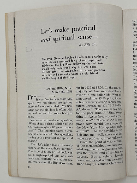 AA Grapevine from August 1958 - Let’s Make Practical and Spiritual Sense by Bill