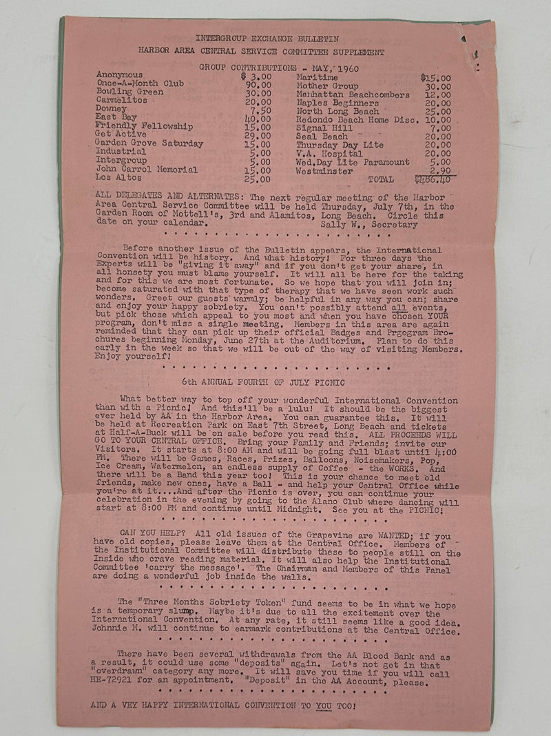 Intergroup Exchange Bulletin from Long Beach, CA - Harbor Area - 1960 Convention