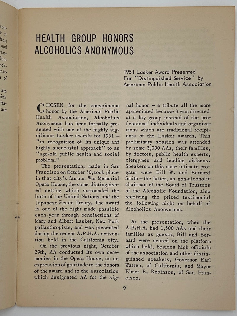 AA Grapevine from December 1951 - Lasker Award