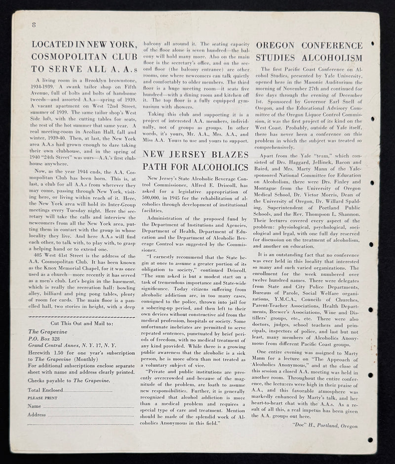 The A.A. Grapevine — January 1945 | Volume I, No. 8