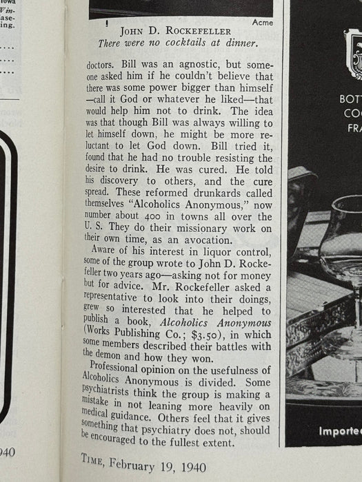 Time Magazine from February 1940 - Alcoholics Anonymous Rockefeller Dinner