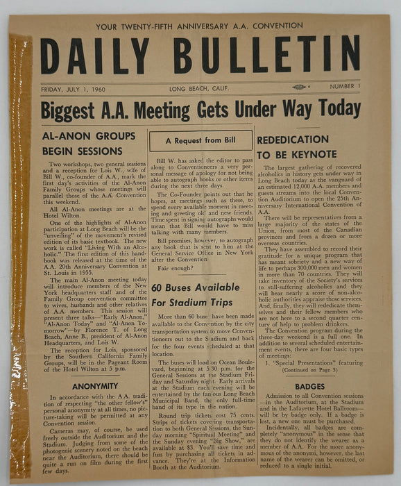 Set of Twenty-Fifth Anniversary A.A. Convention Daily Bulletins - 1960 in Long Beach, CA