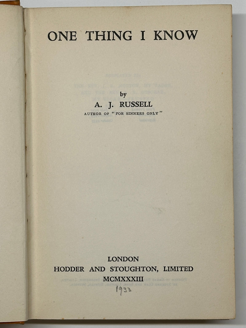 One Thing I Know by A.J. Russell - Third Printing 1933 Recovery Collectibles