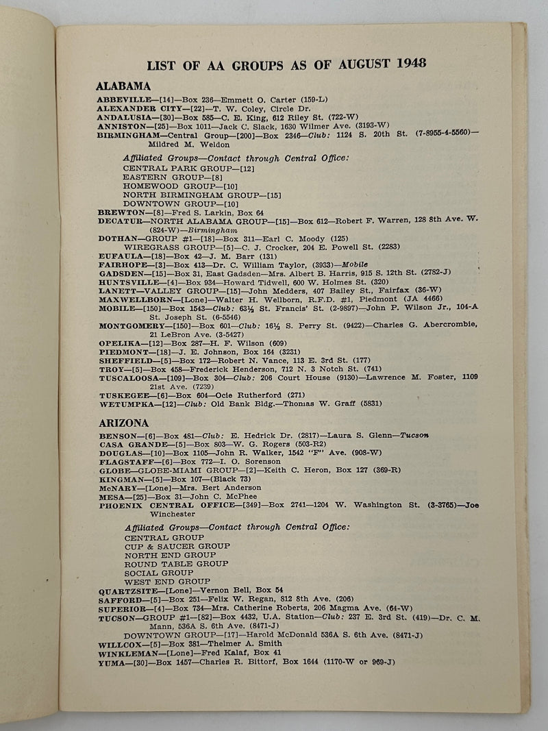 List of AA Groups as of August 1948 Booklet West Coast Collection