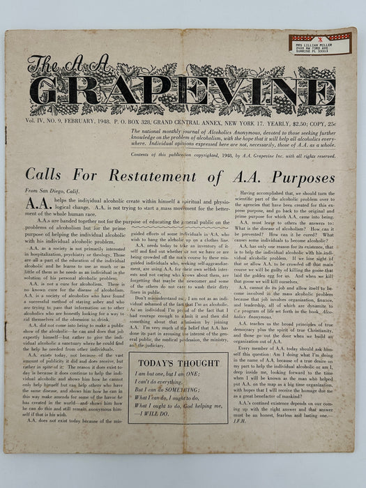 The A.A. GRAPEVINE from February 1948 Recovery Collectibles