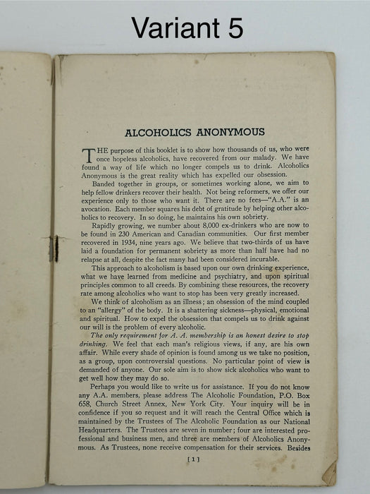 Alcoholics Anonymous 1943–1944 Early Pamphlet — Complete Set of Six Variants