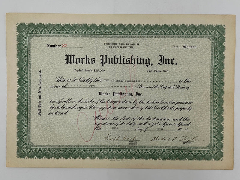 Original Works Publishing Stock Certificate - The Alcoholic Foundation (Copy) West Coast Collection