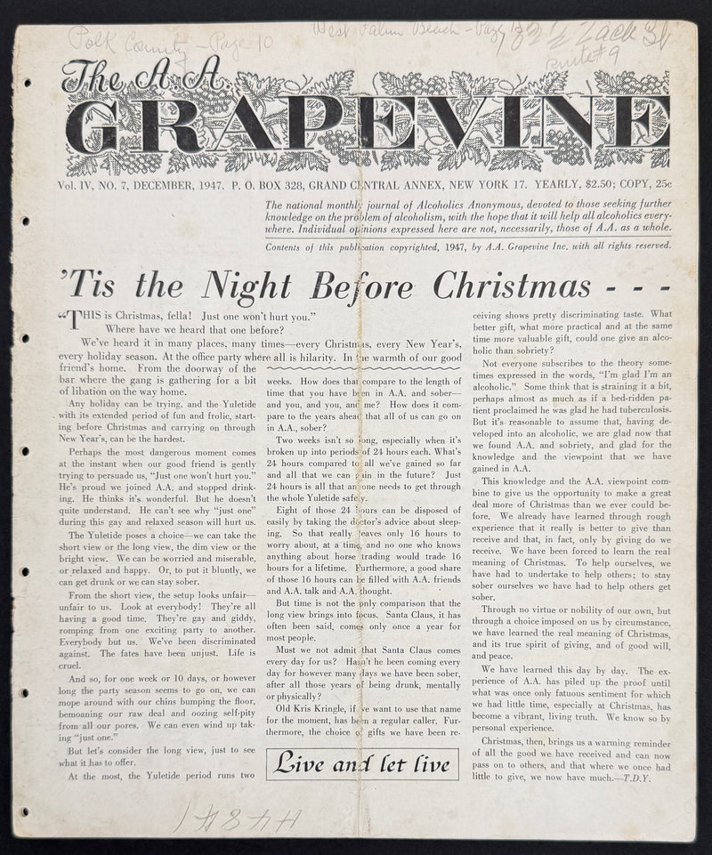 The A.A. Grapevine — December 1947 | Volume IV, No. 7 — Bill W. on the First Tradition