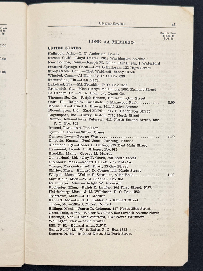 List of AA Groups as of February 1946 — Early Alcoholics Anonymous Directory
