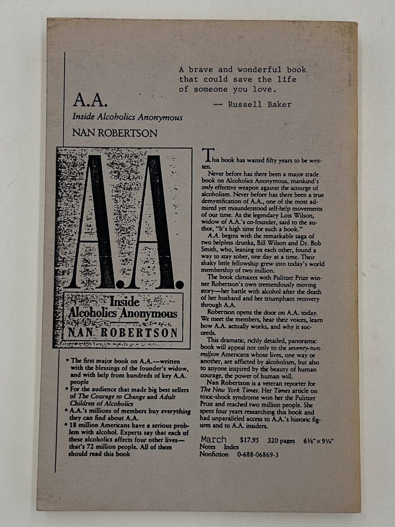 Uncorrected Proof of A.A. Inside Alcoholics Anonymous by Nan Robertson - 1988