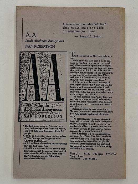 Uncorrected Proof of A.A. Inside Alcoholics Anonymous by Nan Robertson - 1988