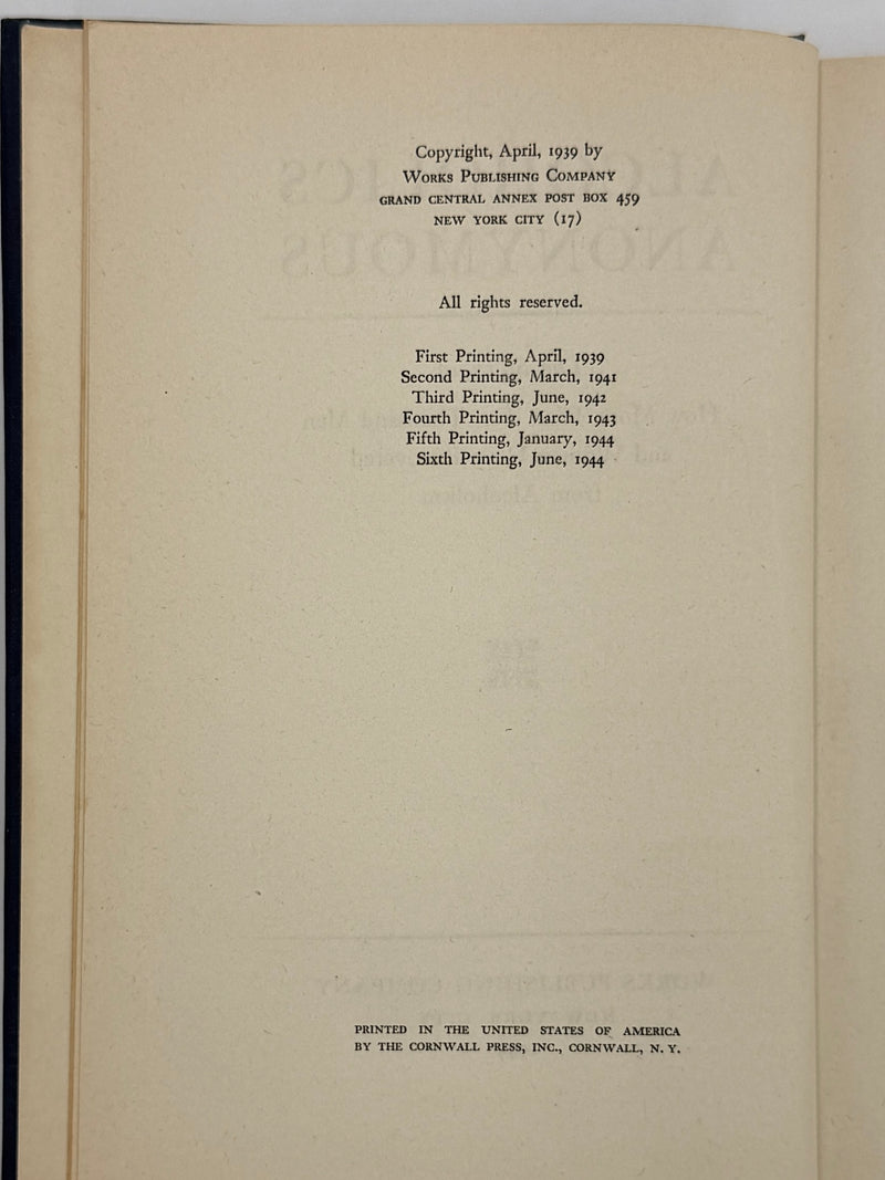 Alcoholics Anonymous First Edition Big Book 6th Printing - 1944 - RDJ