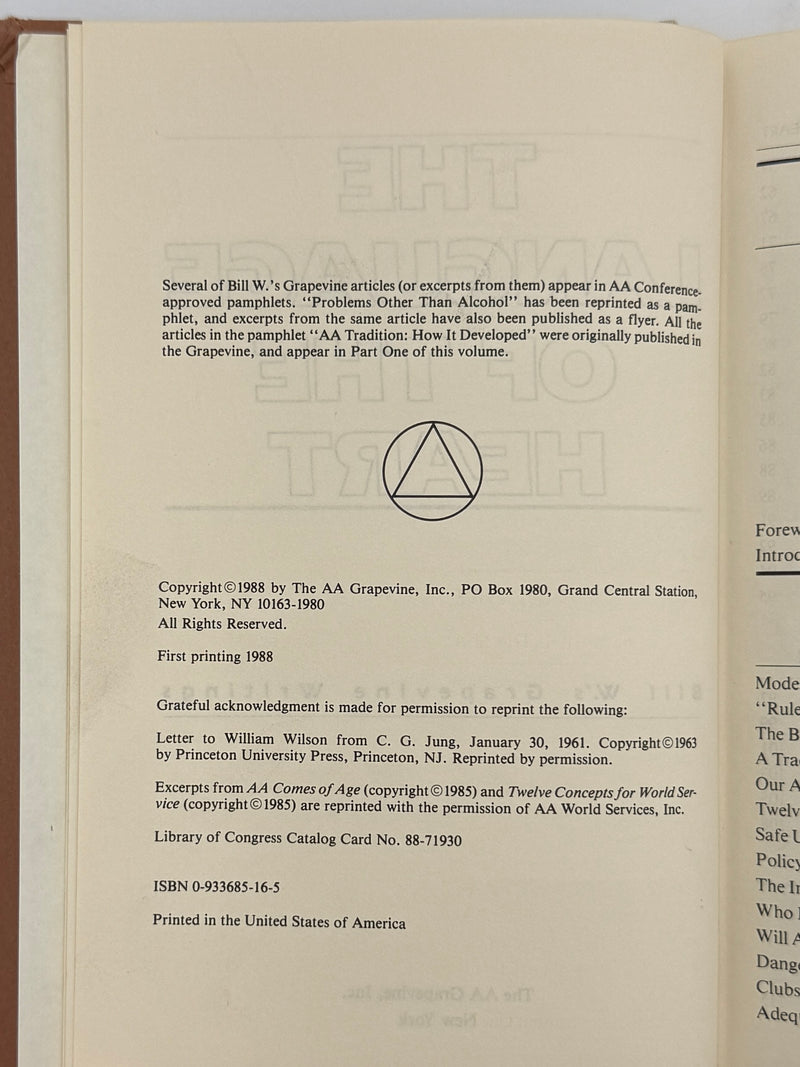 The Language of the Heart: Bill W.’s Grapevine Writings - First printing from 1988 - ODJ