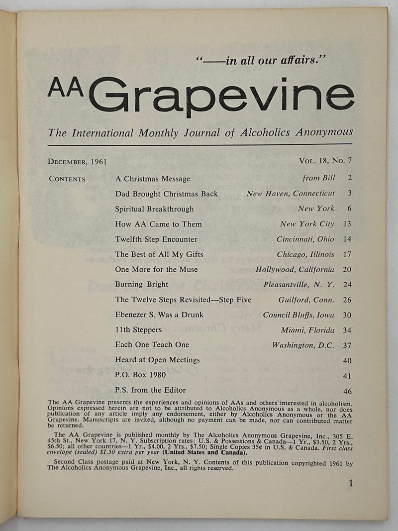 AA Grapevine from December 1961 - Christmas Message from Bill