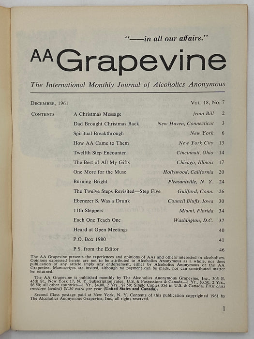 AA Grapevine from December 1961 - Christmas Message from Bill