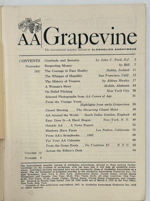 AA Grapevine from November 1957 - Traditions Month Recovery Collectibles