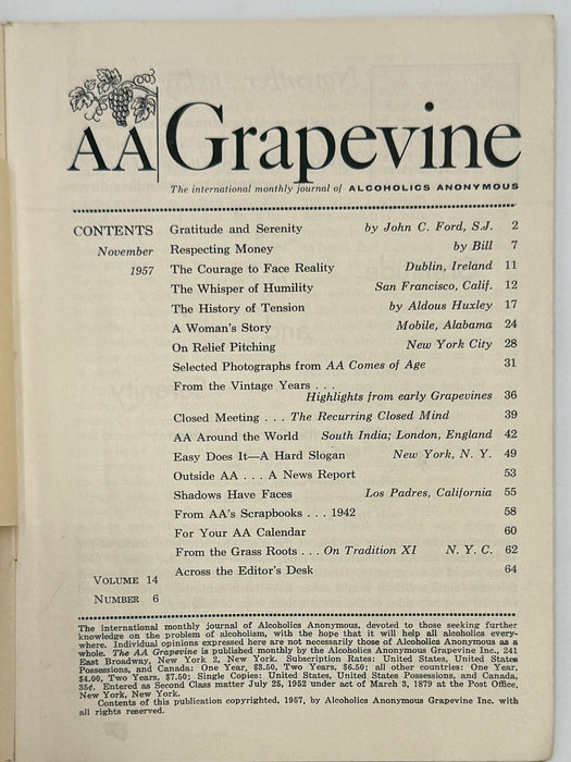 AA Grapevine from November 1957 - Traditions Month Recovery Collectibles