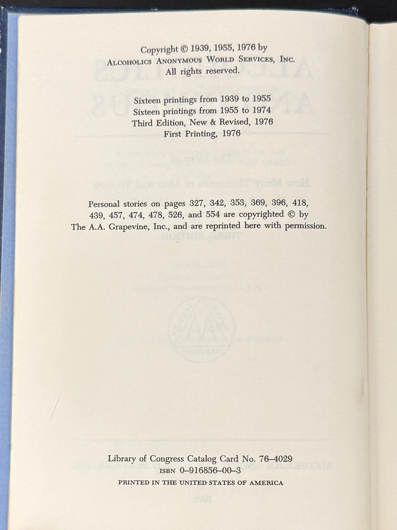 1976 Alcoholics Anonymous Big Book – Third Edition, First Printing