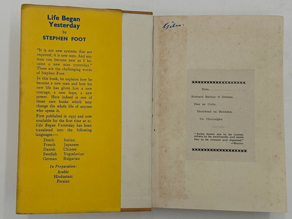 Life Began Yesterday by Stephen Foot - First Cheap Edition from 1939 - ODJ Recovery Collectibles