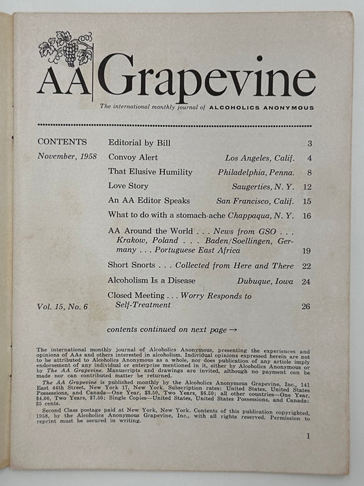 AA Grapevine from November 1958 - Traditions Month