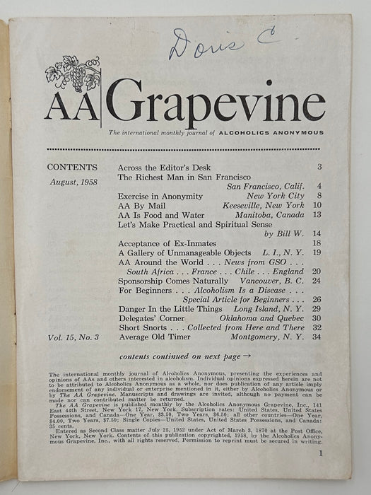 AA Grapevine from August 1958 - Let’s Make Practical and Spiritual Sense by Bill