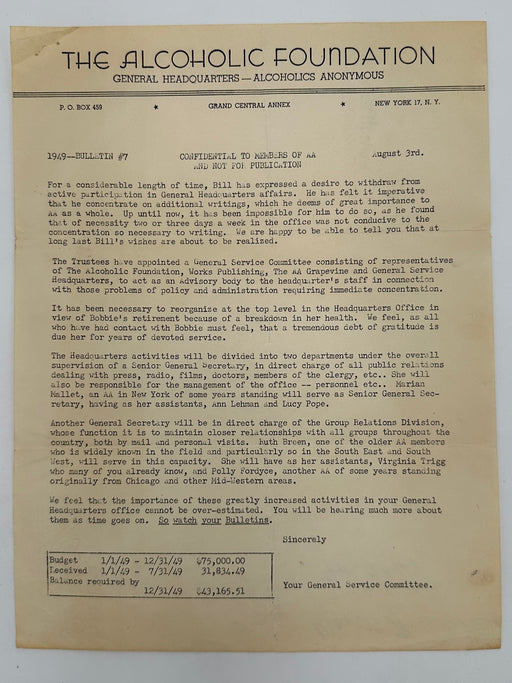 The Alcoholic Foundation Bulletin #7 from 1949 Recovery Collectibles