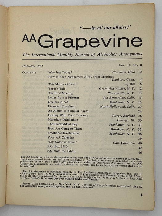 AA Grapevine from January 1962 - This Matter of Fear by Bill