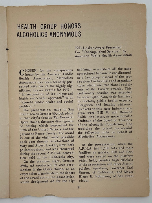 AA Grapevine from December 1951 - Lasker Award