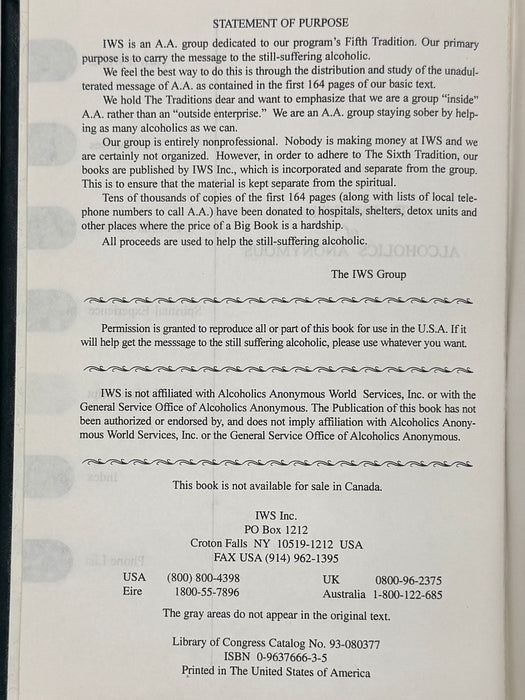 The IWS Study Edition Alcoholics Anonymous Big Book - San Diego - 1995