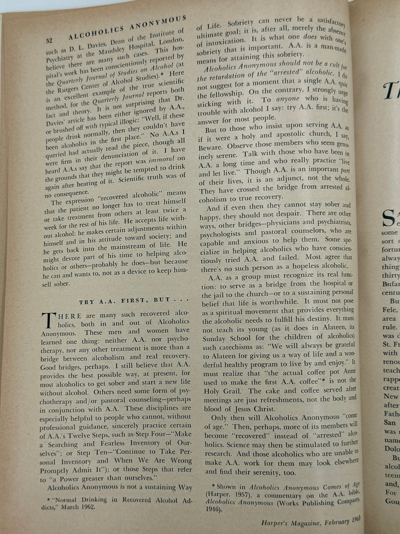 Harper’s Magazine — February 1963  Featuring “Alcoholics Anonymous: Cult or Cure?” by Arthur H. Cain
