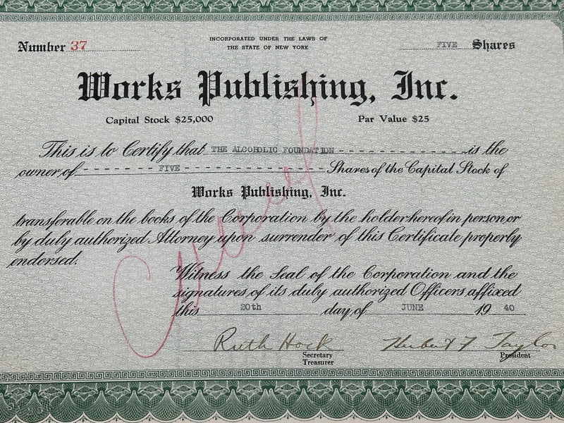 Original Works Publishing Stock Certificate - The Alcoholic Foundation (Copy) West Coast Collection