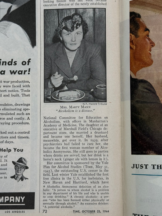 Time Magazine from October 1944 - Marty Mann - Help for Drunkards