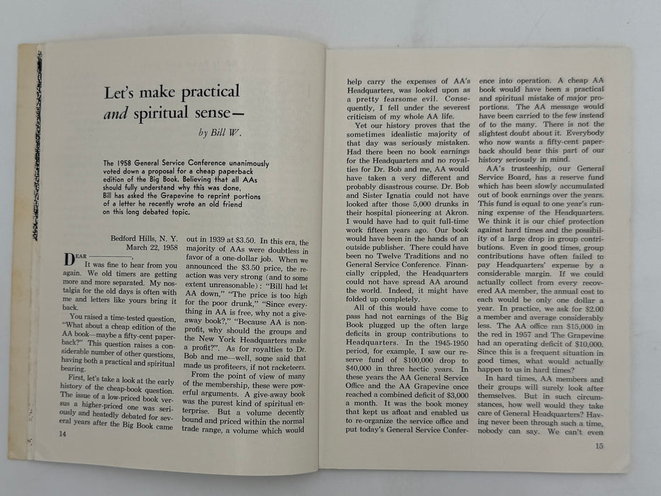 AA Grapevine from August 1958 - Let’s Make Practical and Spiritual Sense by Bill