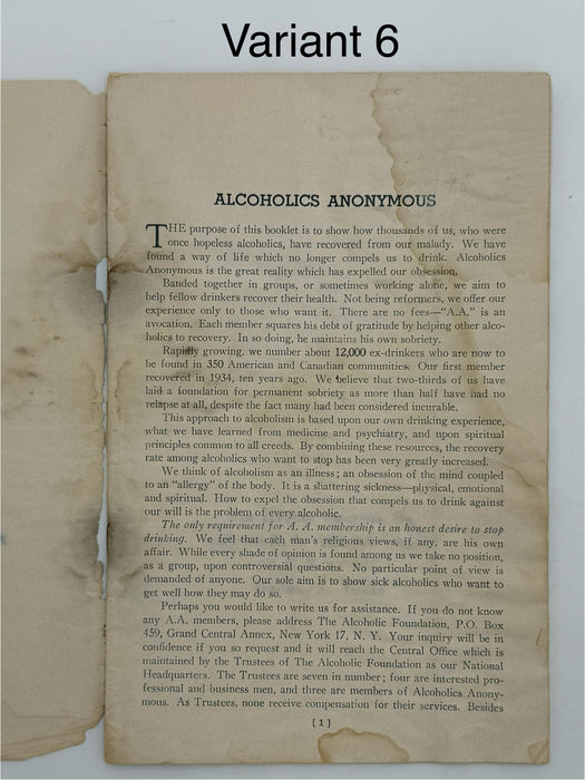 Alcoholics Anonymous 1943–1944 Early Pamphlet — Complete Set of Six Variants